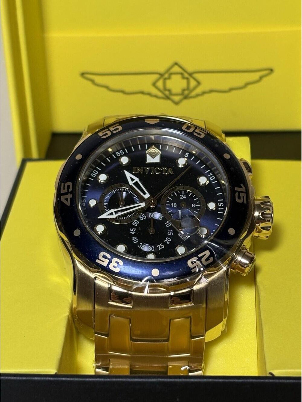 Invicta Pro Diver Scuba 18kt Gold Plated Steel Chronograph Blue 48mm Watch New